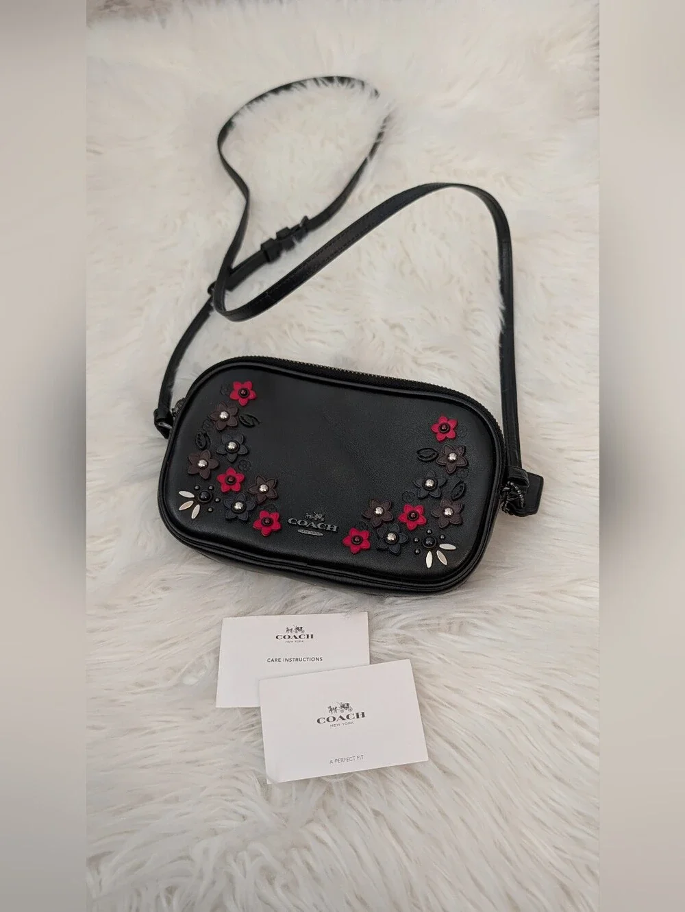 Coach Black Leather Floral Appliqué Small Crossbody